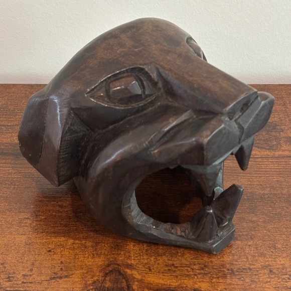 Handmade Other - Hand Carved Wood Jaguar Head Sculpture Panther Folk Art Figurine Dark Brown